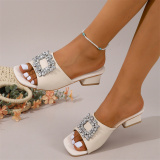 Off White Rhinestone Decor Open-toe Snakeskin Pattern Block Heel Sandals with Ankle Strap Square Shoes