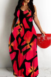 Red Graphics Print Backless Spaghetti Strap Floor Length Vacation Baggy Sundress Slip Maxi Dress