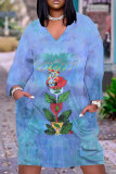 Blue Casual Outing Graphics Print Basic V Neck Long Sleeve Loose Pockets Midi Dress
