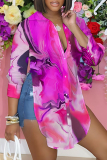 Dark Purple Casual Graphics Print Long Sleeve Buttons Slit Turndown Collar Blouse Shirt Tops