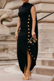 Black Formal Office Sleeveless O Neck Buttons Irregular Side Slit Maxi Dresses