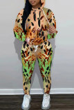 Tan Leopard Print O Neck Long Sleeve Hoodie Sweatshirt And Skinny Pants Sportwear Casual Two Pieces Tracksuit Sweatpants Set
