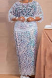 White African Embroidery Flowers Lace Print Mesh Patchwork O Neck Half Sleeve Tops And Maxi Skirt With Maxi Dress Three Pieces Set