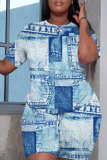 Light blue Casual Graphics Print O Neck Short Sleeve Oversize T Shirt and Shorts Sportwear Plus Size Two Piece Matching Set