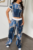 Blue Casual Outing Graphics Print Draw String Pocket O Neck Short Sleeve Crop Tops And Wide Leg Pants Two Pieces Trouser Sets