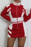Red Casual Outing Sportwear Pocket Zipper Contrast Zipper Collar Wrapped Skirt Varsity Mini Dresses