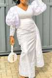 White Hollow Out Patchwork V Neck Lantern Sleeve Draped Tail Sash Long Vacation Maxi Dresses