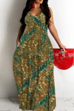 Red Graphics Print Backless Spaghetti Strap Floor Length Vacation Baggy Sundress Slip Maxi Dress
