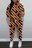 Blue Red Geometry Print O Neck Long Sleeve Hoodie Sweatshirt And Skinny Pants Sportwear Casual Two Pieces Tracksuit Sweatpants Set