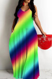 Red Graphics Print Backless Spaghetti Strap Floor Length Vacation Baggy Sundress Slip Maxi Dress