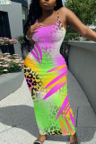 Yellow Sleeveless Casual Graphcis Print Backless Spaghetti Strap Long Bodycon Maxi Slip Dress