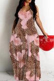Blue Graphics Print Backless Spaghetti Strap Floor Length Vacation Baggy Sundress Slip Maxi Dress