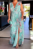 Light Blue Floral Print Sleeveless Lace Up V Neck Long Side Slit Loose Vacation Maxi Dresses