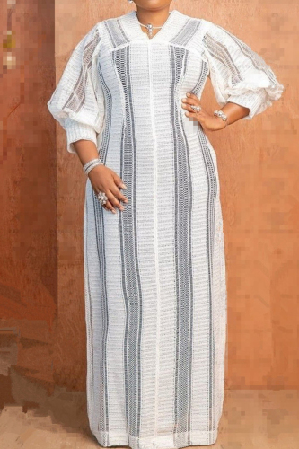 White African Stripe Print Casual Hollow Out V Neck Lantern Sleeve Long Loose Vacation Maxi Dresses