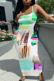 Yellow Sleeveless Casual Graphcis Print Backless Spaghetti Strap Long Bodycon Maxi Slip Dress