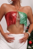 Color Club Metal Sequin Leopard Chains Backless Patchwork Halter Crop Tops