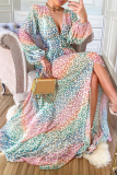 Color Gradient Leopard Print Slit Contrast V Neck Long Sleeve Long Vacation Maxi Dresses