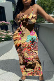 Yellow Sleeveless Casual Graphcis Print Backless Spaghetti Strap Long Bodycon Maxi Slip Dress
