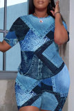 Light blue Casual Graphics Print O Neck Short Sleeve Oversize T Shirt and Shorts Sportwear Plus Size Two Piece Matching Set