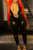 Black Hollow Out Backless Sleeveless Belted Turtleneck Night Club Skinny Jumpsuits