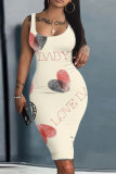 White Red Casual Outing Graphics Print U Neck Sleeveless Bodycon Midi Tank Dresses