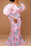 Pink Formal Evening Party Prom Wedding Guest Floral Print Puff Sleeve Asymmetrical Collar Evening Mermaid Hem Plus Size Bodycon Maxi Dresses