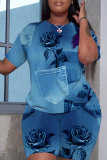Light blue Casual Graphics Print O Neck Short Sleeve Oversize T Shirt and Shorts Sportwear Plus Size Two Piece Matching Set