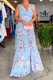 Light Blue Floral Print Sleeveless Lace Up V Neck Long Side Slit Loose Vacation Maxi Dresses