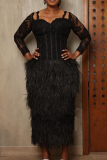 Black Fluffy Fringed Trim Patchwork Asymmetrical Collar Lace Sleeve Long Formal Evening Party Prom Bodycon Maxi Dresses