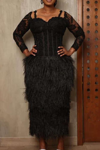 Black Fluffy Fringed Trim Patchwork Asymmetrical Collar Lace Sleeve Long Formal Evening Party Prom Bodycon Maxi Dresses