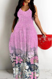 Blue Graphics Print Backless Spaghetti Strap Floor Length Vacation Baggy Sundress Slip Maxi Dress
