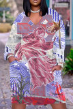 Blue Casual Outing Graphics Print Basic V Neck Long Sleeve Loose Pockets Midi Dress