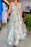 Light Blue Floral Print Sleeveless Lace Up V Neck Long Side Slit Loose Vacation Maxi Dresses