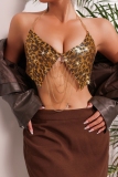 Gold Club Metal Sequin Leopard Chains Backless Halter Crop Tops
