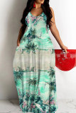 Blue Graphics Print Backless Spaghetti Strap Floor Length Vacation Baggy Sundress Slip Maxi Dress