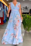 Light Blue Floral Print Sleeveless Lace Up V Neck Long Side Slit Loose Vacation Maxi Dresses