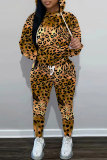 Tan Leopard Print O Neck Long Sleeve Hoodie Sweatshirt And Skinny Pants Sportwear Casual Two Pieces Tracksuit Sweatpants Set