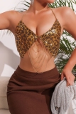 Gold Club Metal Sequin Leopard Chains Backless Halter Crop Tops