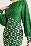 Green Formal Evening Party Prom Geometry Print Patchwork O Neck Lantern Sleeve Long Bodycon Maxi Dresses