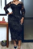 Black Fluffy Fringed Trim Patchwork Asymmetrical Collar Lace Sleeve Long Formal Evening Party Prom Bodycon Maxi Dresses