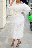 White Formal Evening Party Prom O Neck Long Sleeve Long Furry Tassel With Belt Bodycon Maxi Dresses