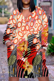 Blue Casual Outing Graphics Print Basic V Neck Long Sleeve Loose Pockets Midi Dress