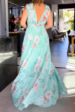 Light Blue Floral Print Sleeveless Lace Up V Neck Long Side Slit Loose Vacation Maxi Dresses
