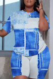 Light blue Casual Graphics Print O Neck Short Sleeve Oversize T Shirt and Shorts Sportwear Plus Size Two Piece Matching Set