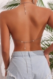 Purple Fringed Trim Chains Sleeveless Backless Shell Beads Halter Crop Tops