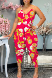 Orange Floral Print Sleeveless Backless Daily Vacation Loose Cami Harem Jumpsuit