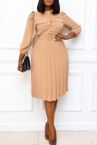 Khaki Formal Office Buckle With Belt O Neck 3/4 Sleeve Long Pleated Midi Dresses