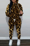 Tan Leopard Print O Neck Long Sleeve Hoodie Sweatshirt And Skinny Pants Sportwear Casual Two Pieces Tracksuit Sweatpants Set