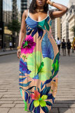 Purple Floral Print Backless Spaghetti Strap Floor Length Vacation Baggy Sundress Slip Maxi Dress