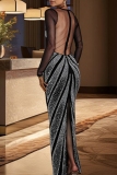 Black Formal Evening Party Prom Hot Drilling See-Through O Neck Mesh Long Sleeve Slit Long Bodycon Maxi Dress